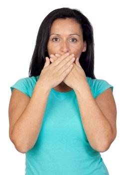 Adorable woman covering her mouth isolated on a over white background