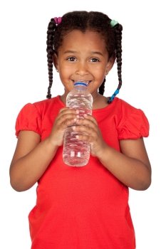 African little girl with water bottle isolated on a over white