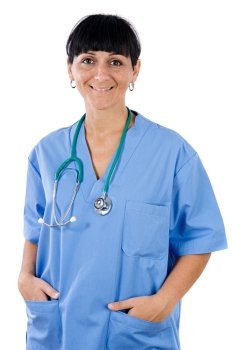 Woman doctor standing a over white background