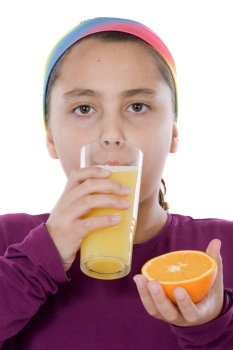 Cute girl drinking a juice of orange on a over white background
