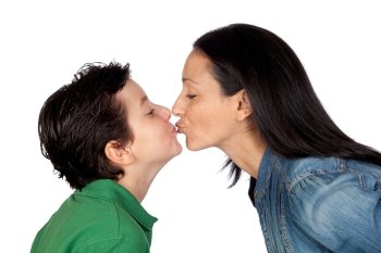 Adorable mother kissing her beautiful son isolated on white background
