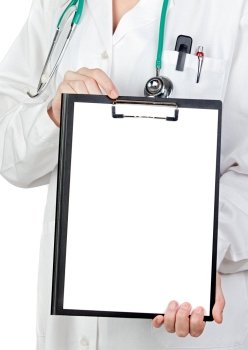 Medical anonymous with clipboard and blank paper isolated on white