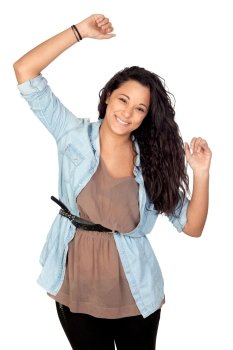 Winner attractive woman isolated on a over white background