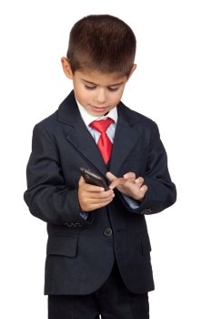Little businessman sending a message with a mobile phone isolated on a over white background