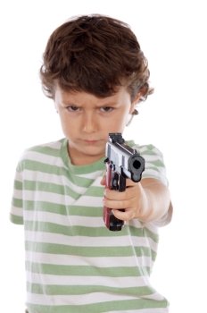 Boy with one arm with focus on pistol-Shallow DOF-