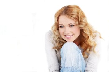 Portrait of beautiful blond woman on white background