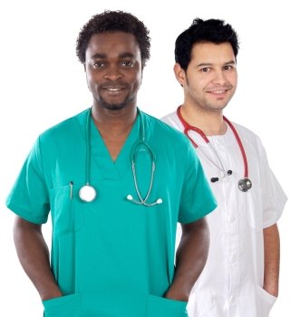 African and caucasian  doctors a over white background