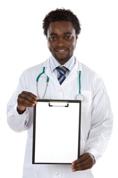 Attractive young doctor with poster a over white background