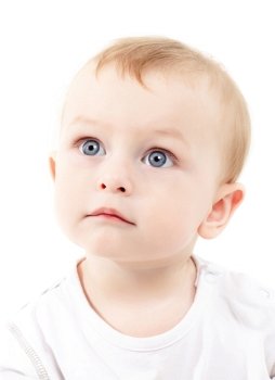 close up portrait of young boy, isolated over white, studio shot