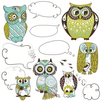 Collection of six different owls with speach bubbles