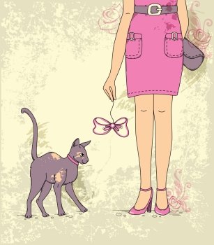 Hand drawn vector background with girl and cat