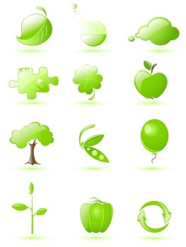 Collection of glossy green icons with drop shadow