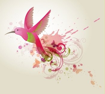 Abstract vector background with red humming-bird and blots