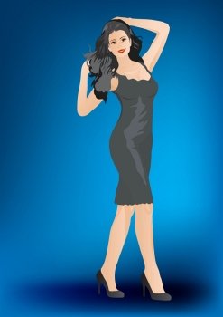 Beautiful woman in black dress showing something-vector