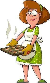 Housewife with hot cakes on the trays vector
