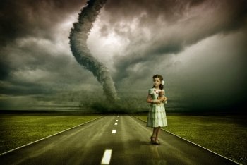 little girl large tornado over the road ( photo and hand-drawing elements combined. The grain and texture added. )