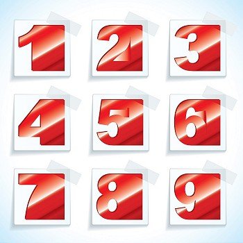 Collection of nine red numbers on white paper tags with drop shadow