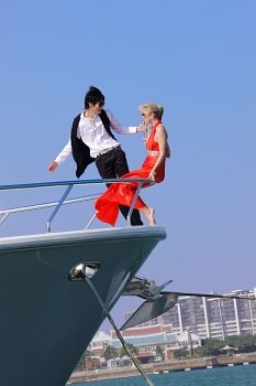 Couple sat on boat