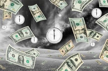 Conceptual shot about time and money with dollar banknotes falling from the sky and clocks hanging from the sky. Black and white.