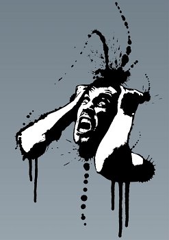 Detailed vector illustration of a screaming man pulling his hair out out of madness. Grunge style with ink splatters.