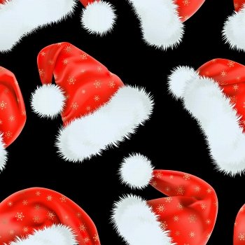 Seamless from red Santa Claus caps with the pattern of golden snowflakes. Mesh. Clipping Mask. (can be repeated and scaled in any size)