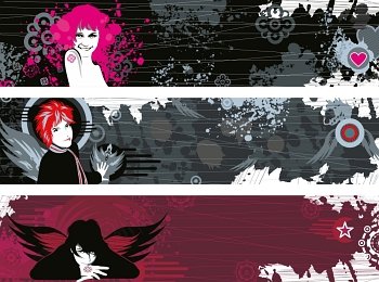 Three grunge banners with faces of girls and a place for the text