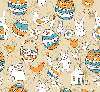 Seamless background with a children´s scribble of a hare, egg, chicken, flowers, houses