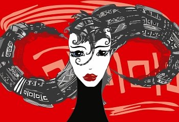 Portrait of the beautiful girl with a strange hairdress in the form of an infinity symbol on an abstract background