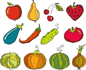 Vector set of fruit and vegetables on a white background with a tape