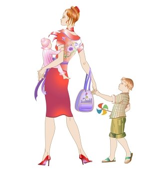 Vector illustration of young mother walking with her childrens.