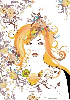 Vector Illuctration of Abstract beautiful girl, holding the cocktail with flowers in hair