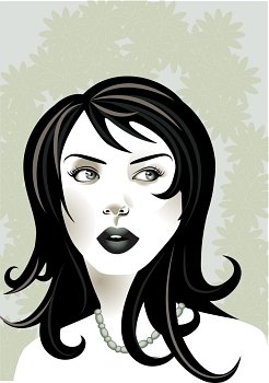 Vector illustration of funky, cool, young woman portrait on the floral background.