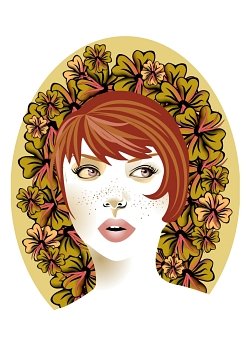 Vector illustration of funky, redhead, cool, young woman on the flower background.
