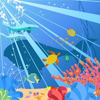 Vector illustration of Colorful background with creatures of the seas. Friendly kids style.