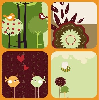 Vector Illustration of style design greeting cards with retro-style birds and trees