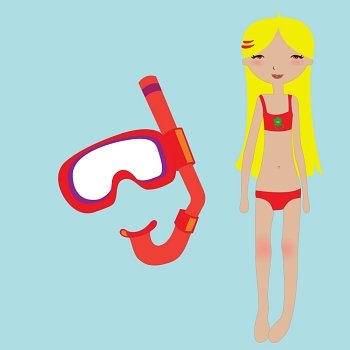 Vector Illustration of funny summer background  with the little girl and snorkel mask