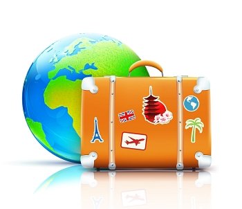Vector illustration of global travel concept with funky retro suitcase and cool glossy globe