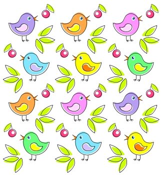 Pattern with cute bright birds and cherry