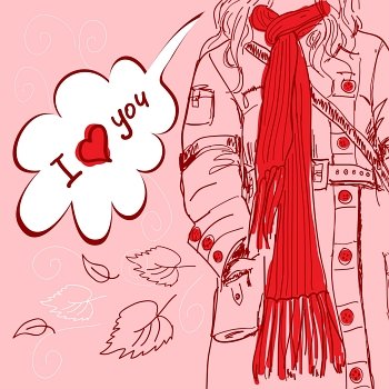 Valentine card. Girl with long red scarf says: ´I love you´
