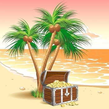 Pirate´s treasure chest on a tropical beach with palm trees