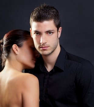 Couple in love with handsome man and rear profile woman nude back