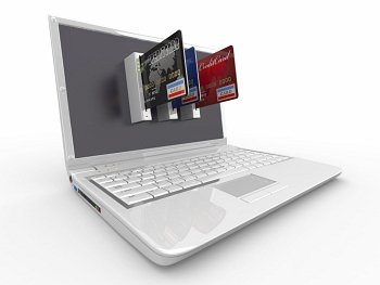 E-commerce. Laptop and credit card on white isolated background. 3d