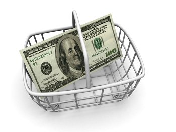 Consumer´s basket with handred dollars. 3d
