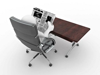 Man reading newspaper in office, sitting on armchair. 3d