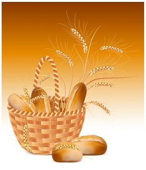 Vector wicker basket with bread and wheat