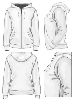 Vector. Women´s hooded sweatshirt with zipper (back, front and side view)