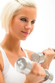 Sportive blond woman exercise biceps with weights isolated on white