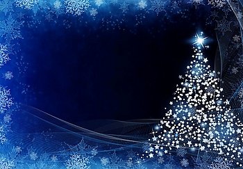 Blue Abstract Christmas Background With Tree, Snow, Snowflakes And Stars