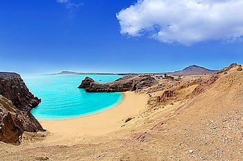Lanzarote Papagayo turquoise beach and Ajaches in Canary Islands