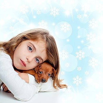 christmas snowflakes with children girl hugging a puppy brown dog